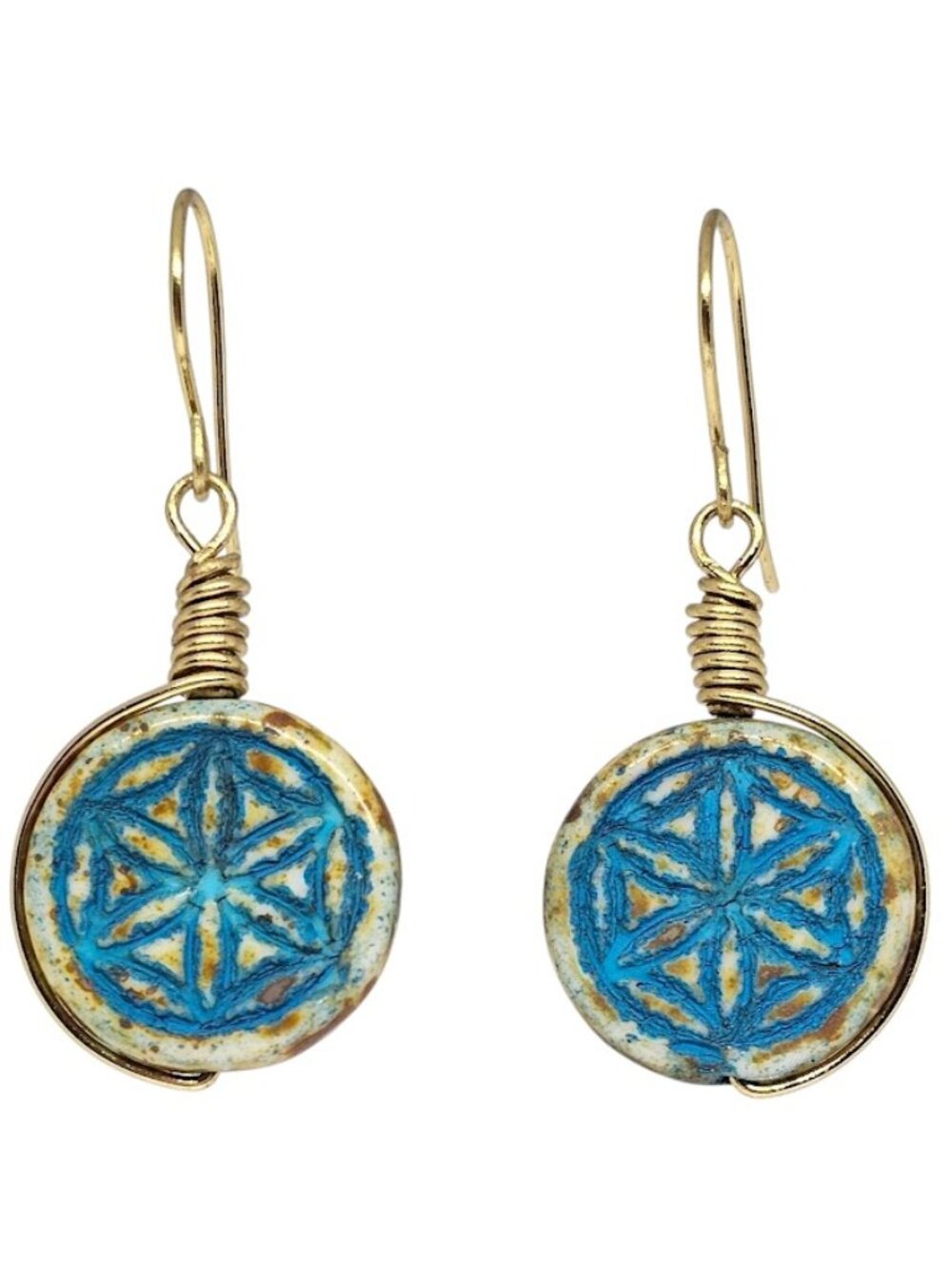 Handmade Picasso Blue Flower of Life Coin Earrings Gold Boho Dangle